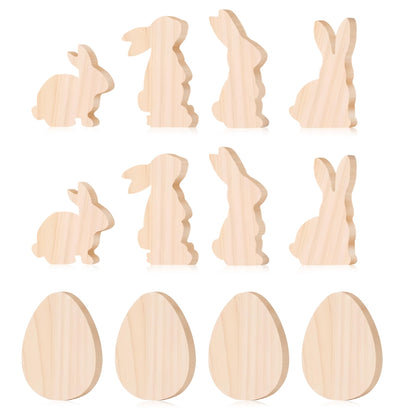 12 PCS 4 Inch Unfinished Wooden Cutouts, Blank Wood Bunny Eggs Shapes for DIY Craft Projects, Table Centerpieces and Signs (Rabbit&Eggs)
