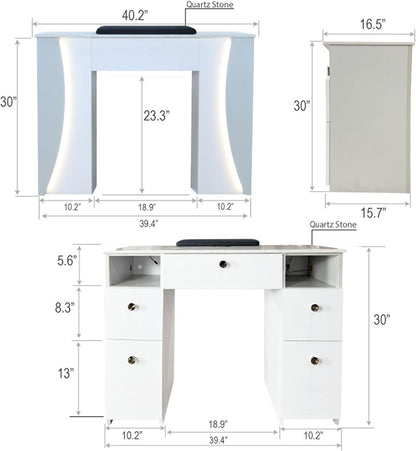 Venus Manicure Table Fan and Chair Set – Modern LED Nail Station Desk with Technician & Customer Chair, Ergonomic Design, Black & White Finish (Grey, Grey)