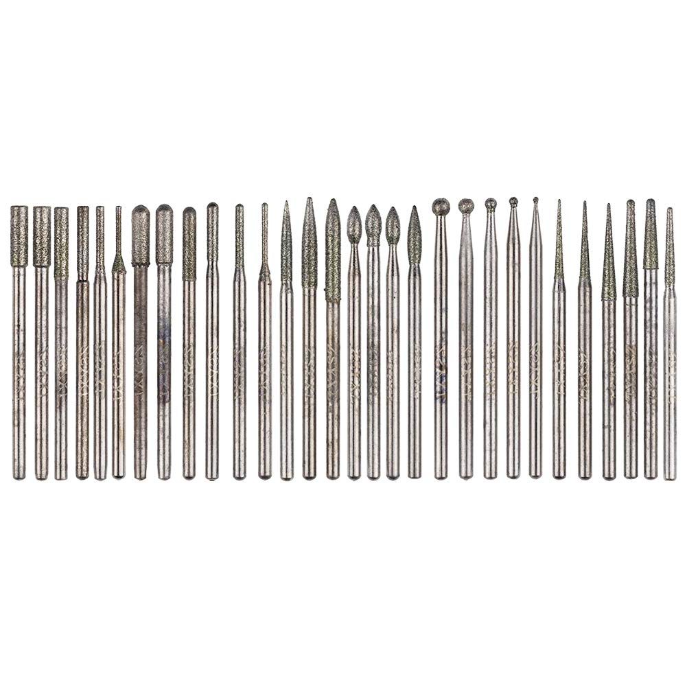 Yakamoz 30Pcs 2.35mm Shank Titanium-Coated Diamond Burrs Set Rotary File Burs Accessories Kit for Rotary Grinder Tools Grinding Polishing Carving Stone Jewelry Glass Ceramics