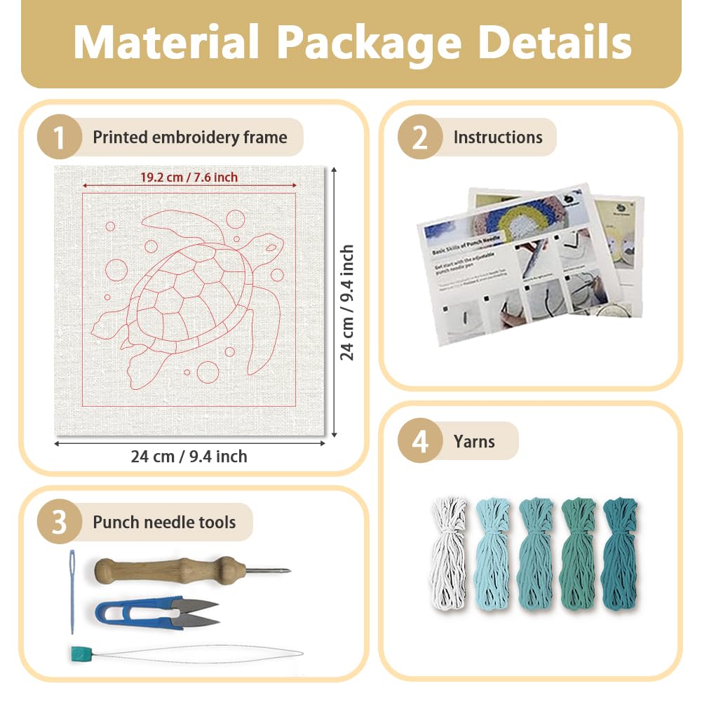 DOODLREAM Green Sea Turtle Punch Needle Kit for Beginner, 9.4"x9.4" Marine Animal Punch Stitching Craft Set, DIY Embroidery Starter with Printed Frame, Instruction, Threader, Yarn, Pinch Needle