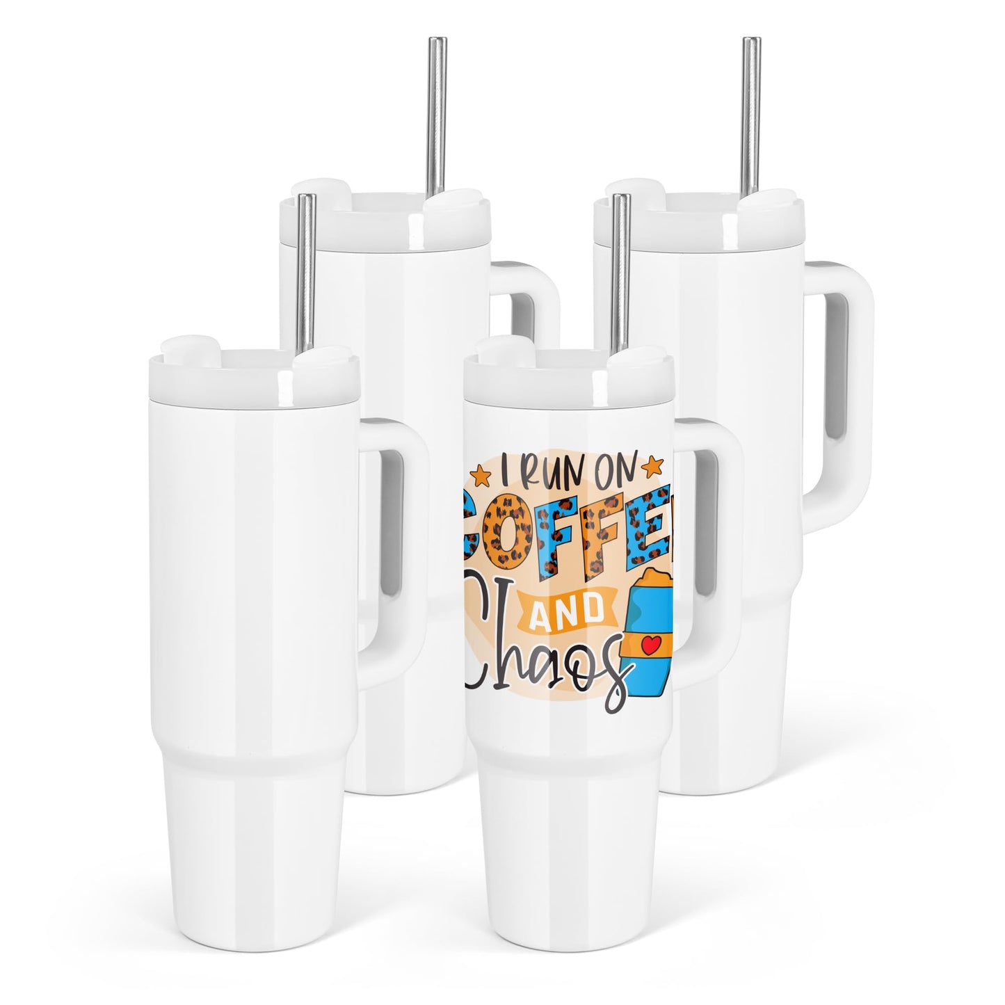 AGH 4 Pack 30 oz White Sublimation Tumbler with Handle, Stainless Steel Straw, Insulated Double Wall Vacuum Reusable Cups with Leakproof Lid