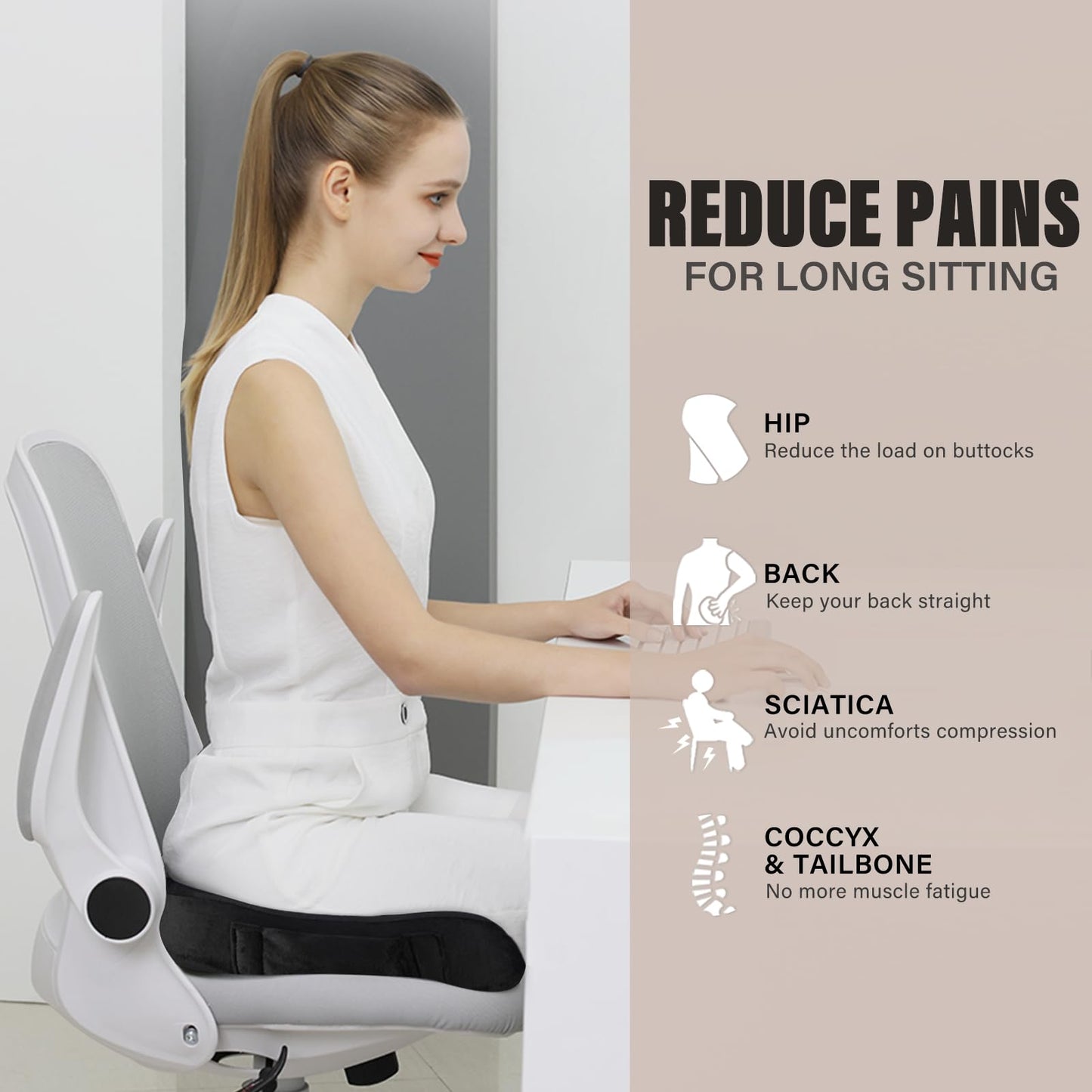 WAOAW Seat Cushion, Office Chair Cushions Butt Pillow for Car Long Sitting, Memory Foam Chair Pad for Back, Coccyx, Tailbone Pain Relief, Car Seat Cushion, Gifts for Men Women (Black)