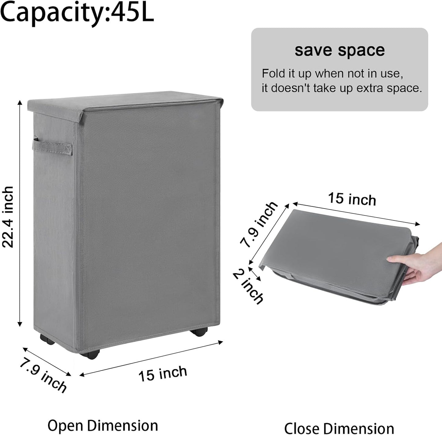 45L Chrislley Slim Laundry Hamper with Wheels, Narrow Rolling Laundry Basket with Lid, Foldable Dirty Clothes Hamper