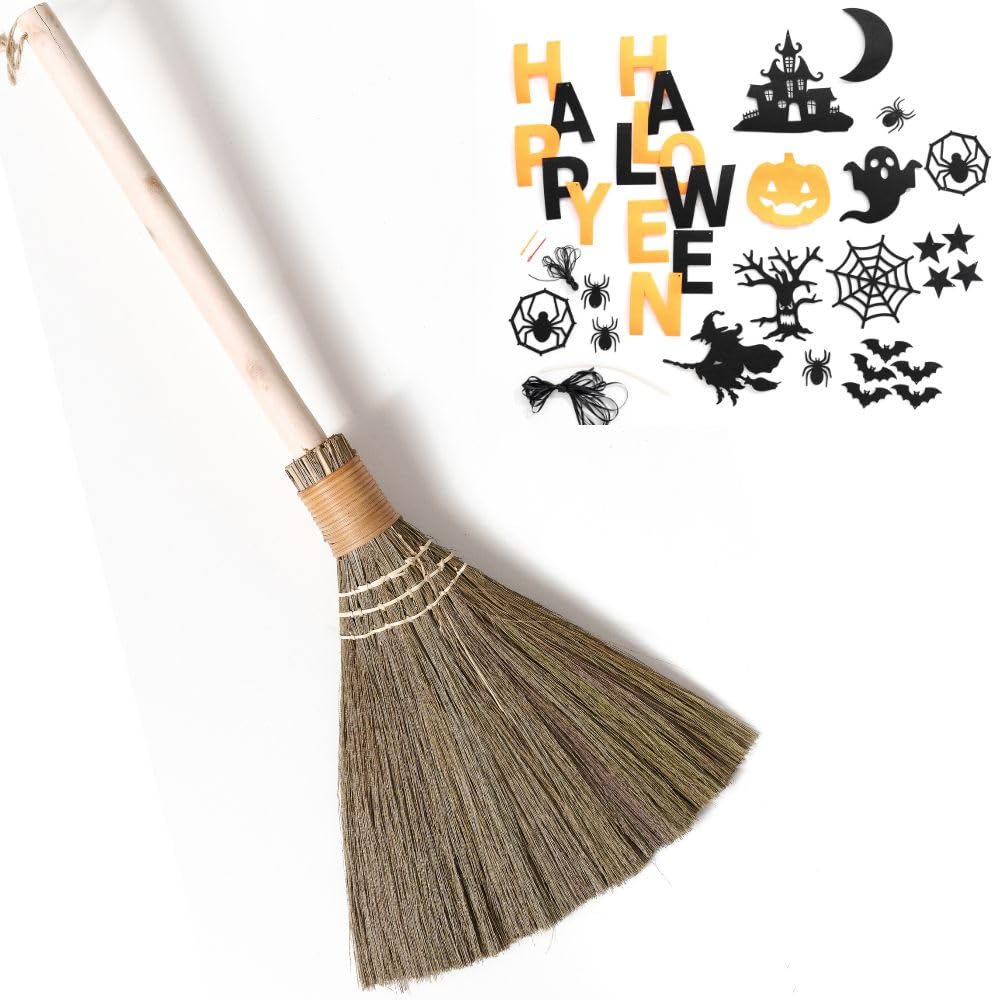 Handmade Vietnamese Straw Broom, Single Handle – Free Halloween Decoration Set, Witch Broom for Costume, Haunted House & Indoor Decor, Soft Grass Whisk Broom for Sweeping or Display