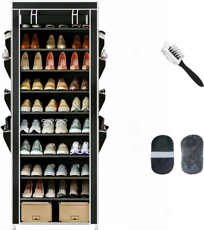 HOACHAN 10-Tier 30-38 Closet Shoe Rack with Dustproof Cover, Large Capacity Shoes Storage Organizer Holds Pairs