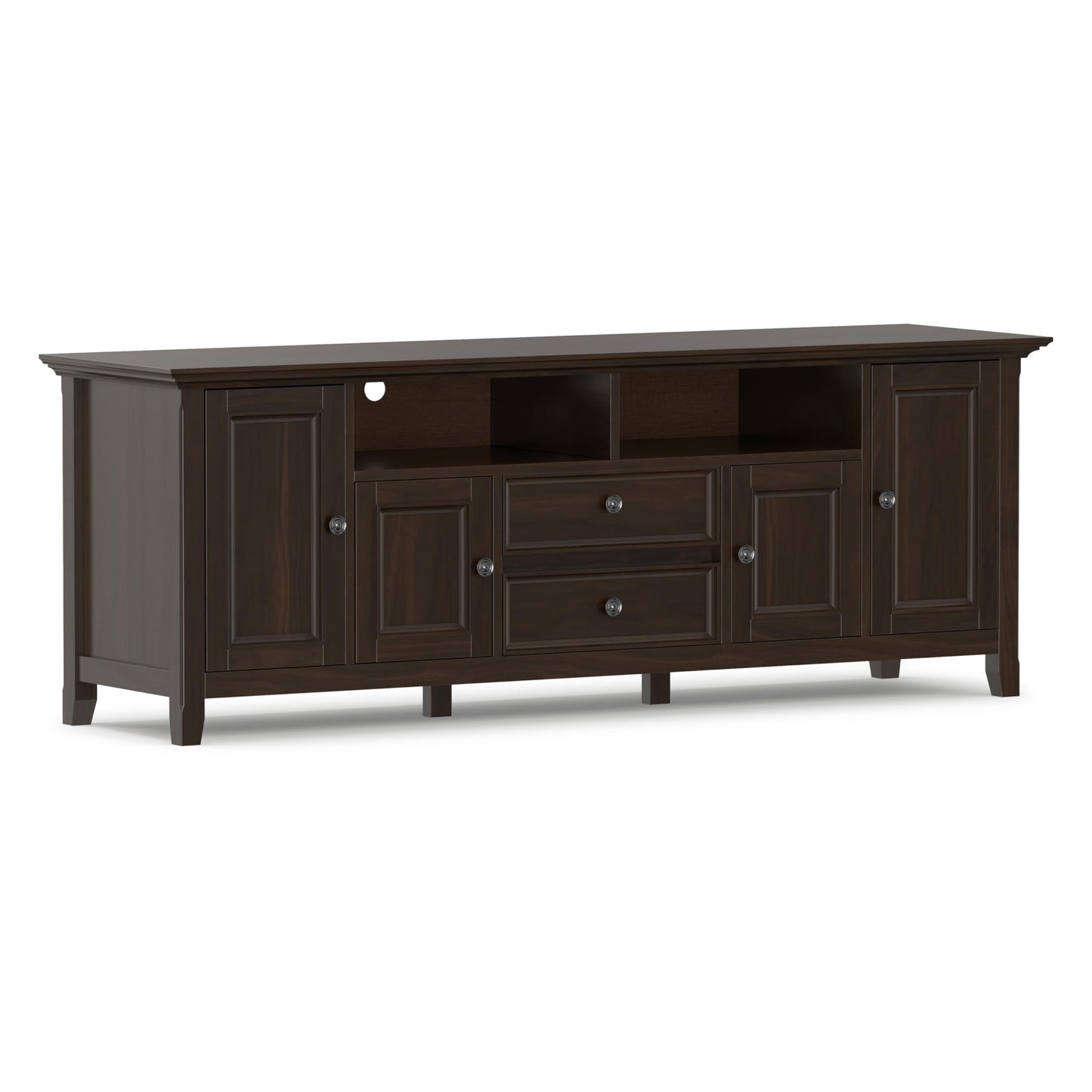 SIMPLIHOME Amherst TV Stand - 72 inch Wide Solid Wood Media Console in Brunette Brown, Transitional Entertainment Center for Living Room for TVs up to 80 Inches with Shelves and Cable Management