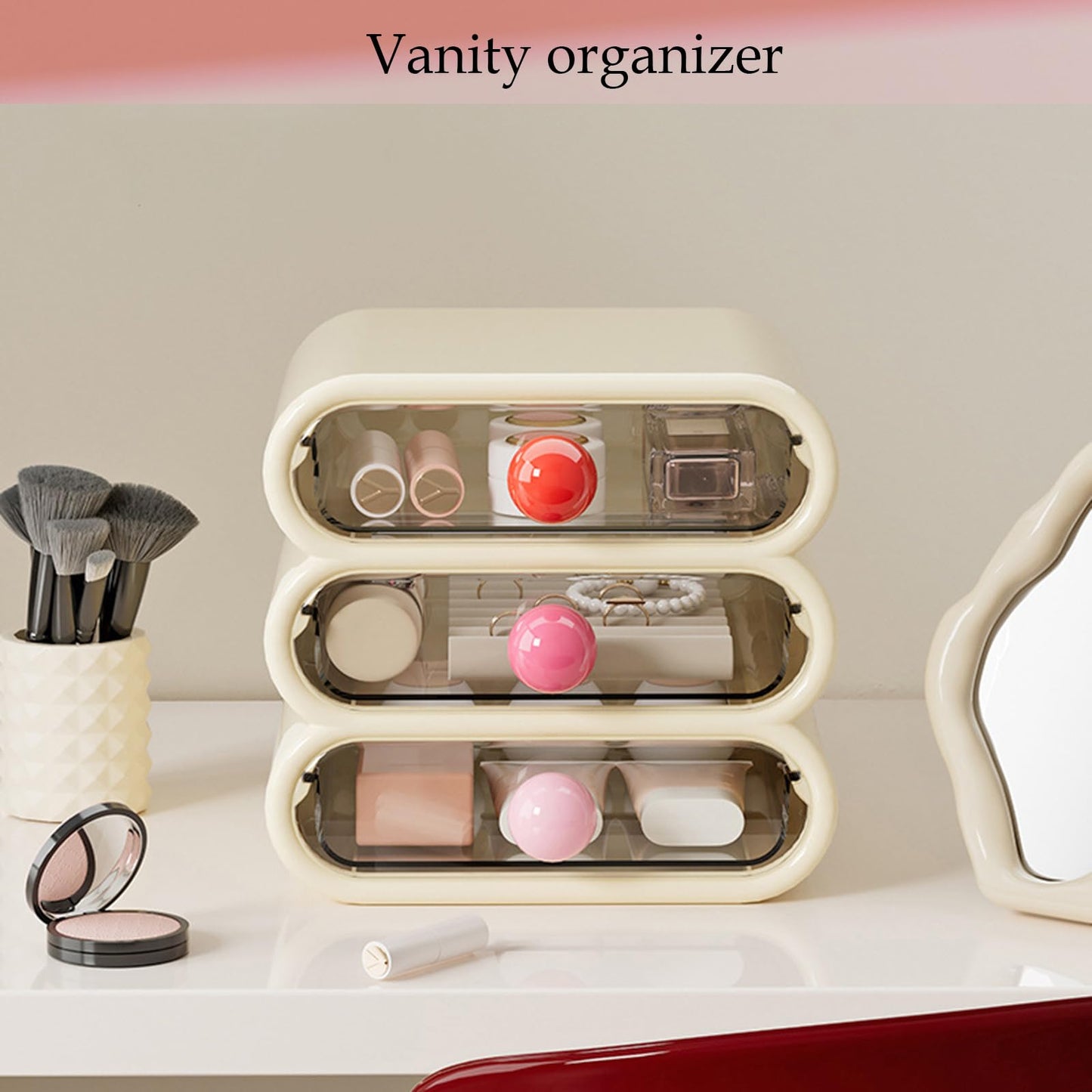 MavHubrix 3-Tier Drawer Makeup Organizer for Vanity Small Desk - Non-Stackable Clear Front Cosmetic Storage Holder for Bathroom Counter & Office Desktop -7.9x7.5x7.3in (Cream White)
