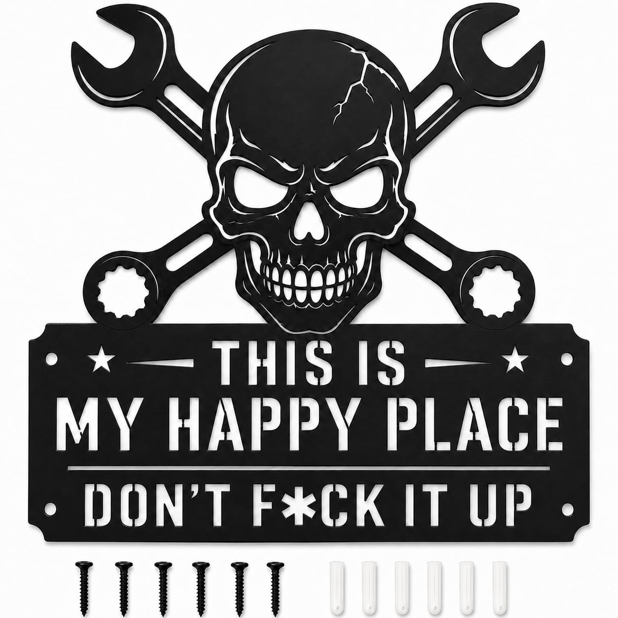 YXESO This Is My Happy Place Sign, 12 in Funny Black Metal Garage Metal Wall Art Sign with Skull & Wrench Design for Man Cave, Workshop, Tool Shed, Home Bar, Mechanic Dad Decor
