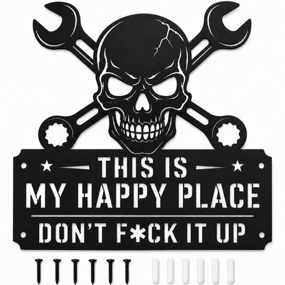 YXESO This Is My Happy Place Sign, 12 in Funny Black Metal Garage Metal Wall Art Sign with Skull & Wrench Design for Man Cave, Workshop, Tool Shed, Home Bar, Mechanic Dad Decor