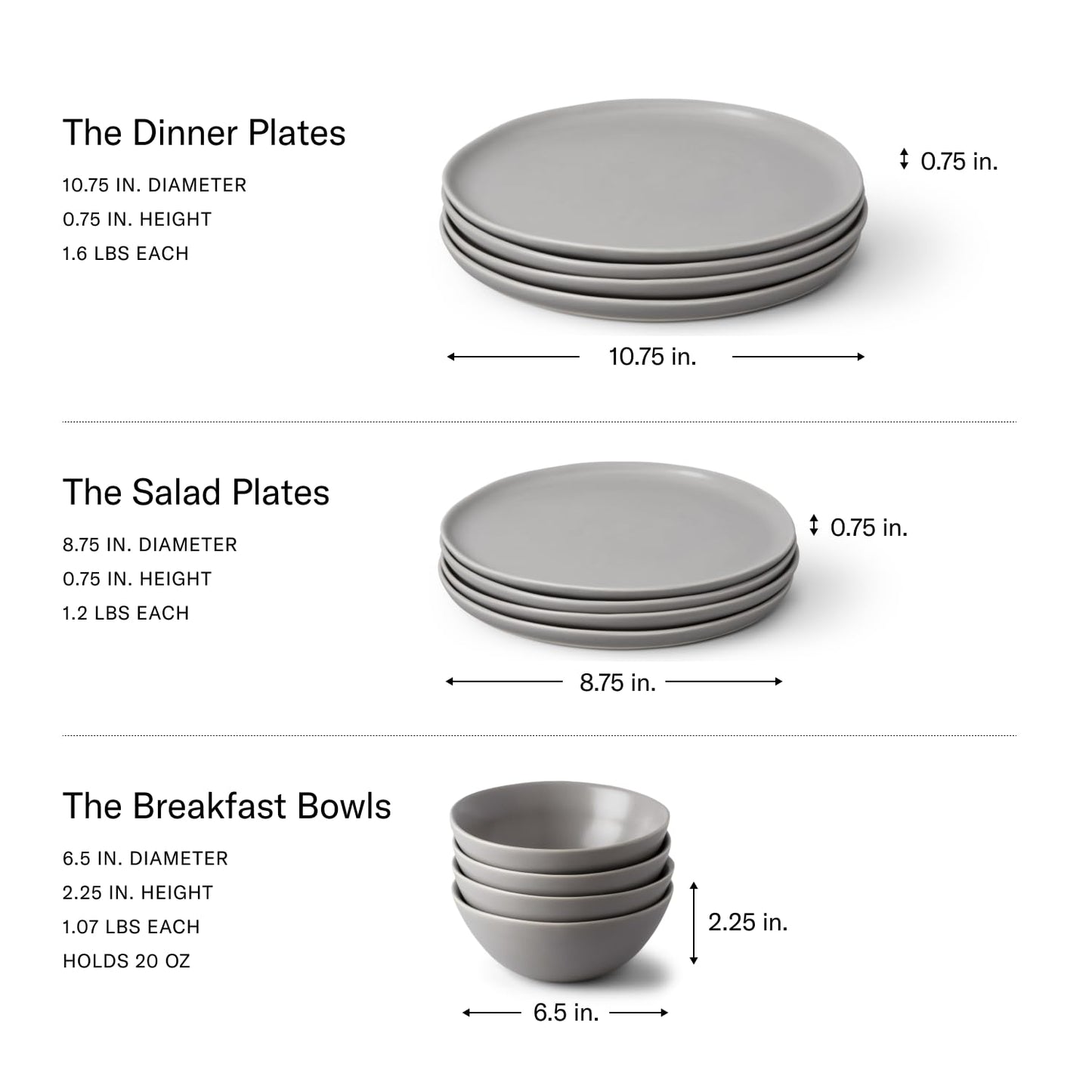 Fable Dinnerware Set - Includes 4 Each of The Dinner + Salad Plates, and The Breakfast Bowls - Dishwasher Safe, Durable Stoneware Ceramic Plates and Bowls - Dove Gray