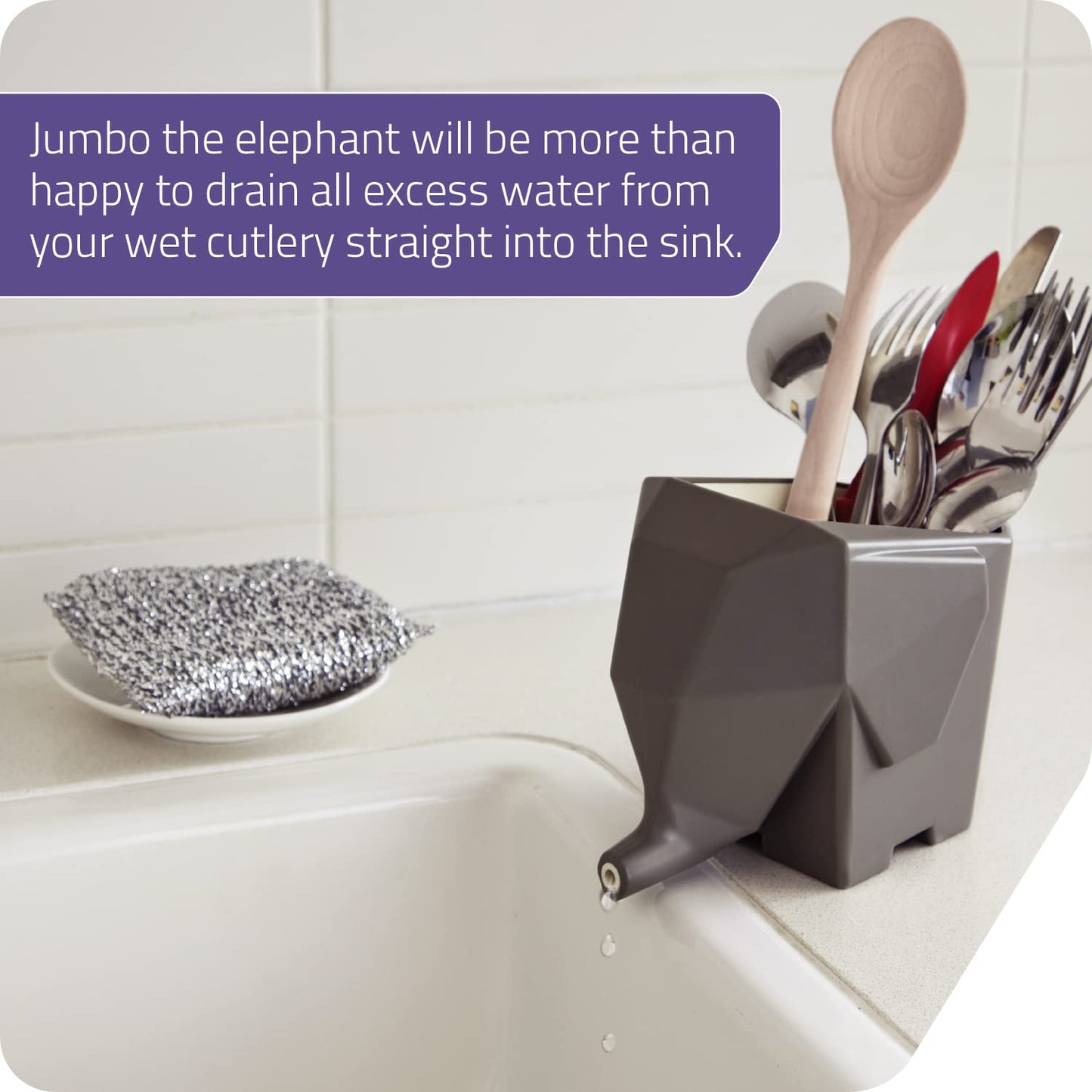 PELEG DESIGN Elephant Cutlery Drainer – Funny Self Draining Utensil Drying Rack for Kitchen Sink | Cute Silverware Drainer Basket (Grey)