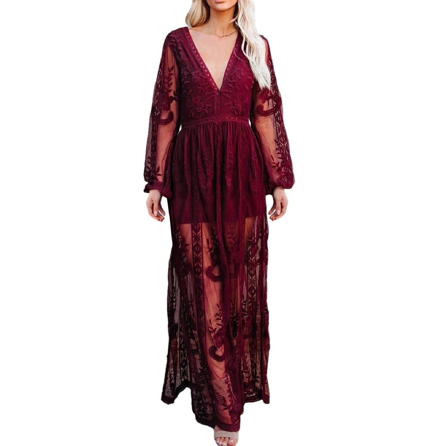Womens Deep V Neck Short Sleeve Floral Lace Dress Long Bridesmaid Maxi Dresses