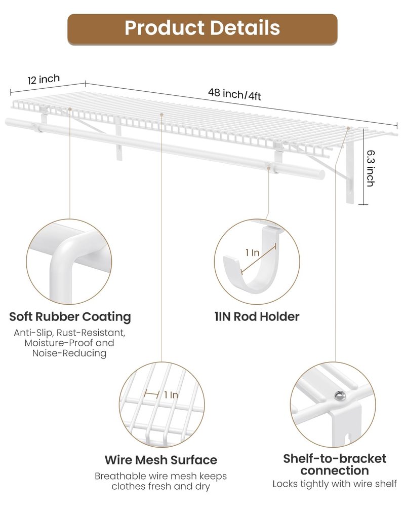 Supforce 2 Pack Closet Shelves with Triangular Brackets and Hanging Rod, 4FT X 12IN Wall Mounted Wire Shelving Orgnizer for Closet,Laundry Room,Pantry,Load Up to 150lb