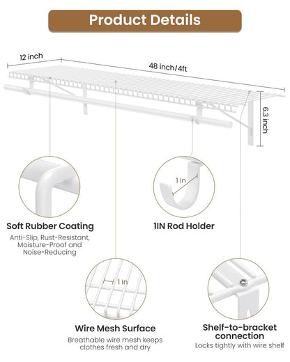 Supforce 2 Pack Closet Shelves with Triangular Brackets and Hanging Rod, 4FT X 12IN Wall Mounted Wire Shelving Orgnizer for Closet,Laundry Room,Pantry,Load Up to 150lb