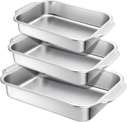 Funnymoom Stainless Steel Baking Pan Set - 3 Rectangular Cake Pans (12/14/15 Inch) for Versatile Baking