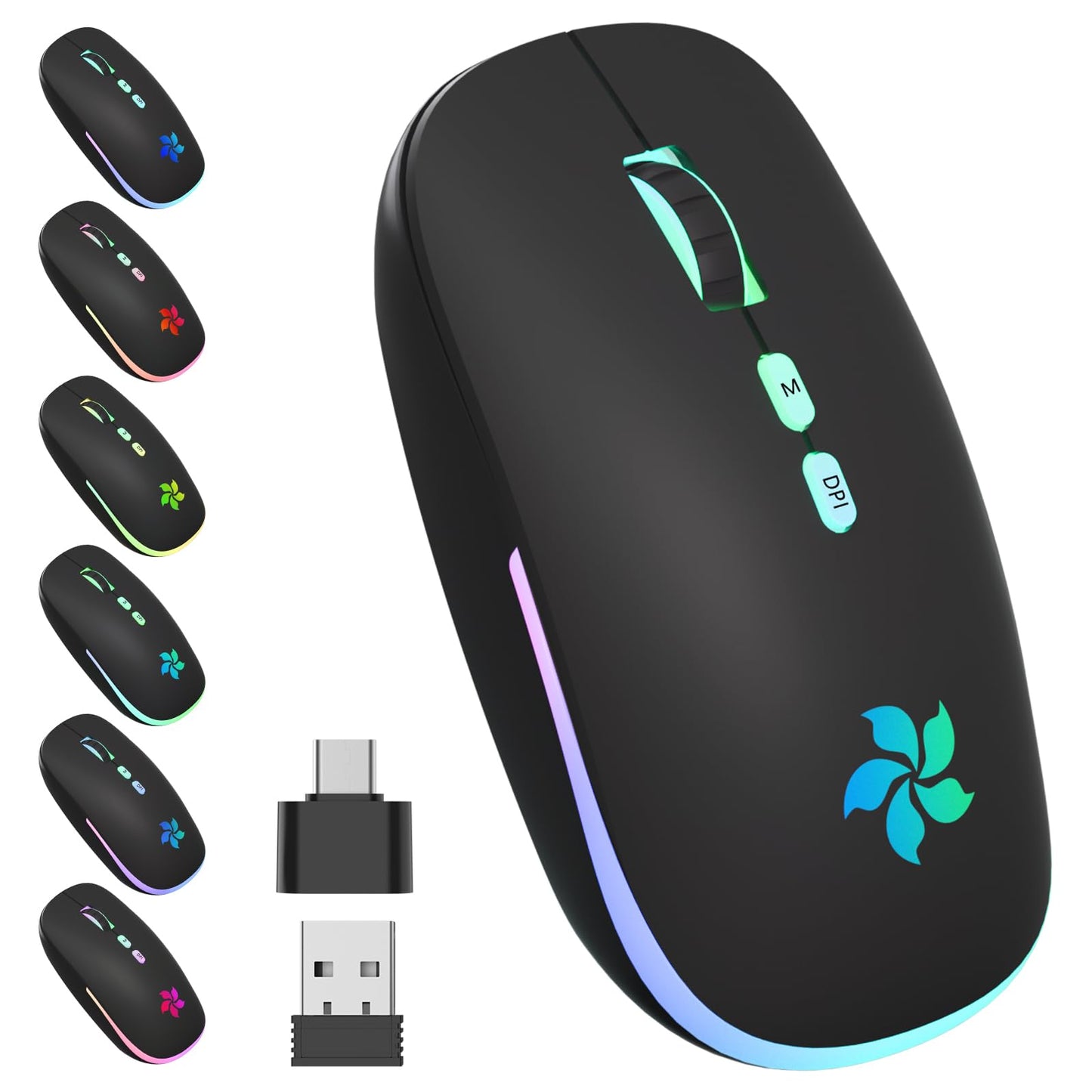 KARFUN Wireless Mouse, Backlit LED Portable Slim Computer Mouse for Laptop, PC, Computer, MacBook, iPad, Chromebook, Notebook, 2.4G Rechargeable Wireless Mouse (Black) (Black-Transparent Nose)