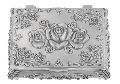 Classic Vintage Antique Tin Rectangle Jewelry Box Treasure Storage Organizer Chest with Rose Pattern