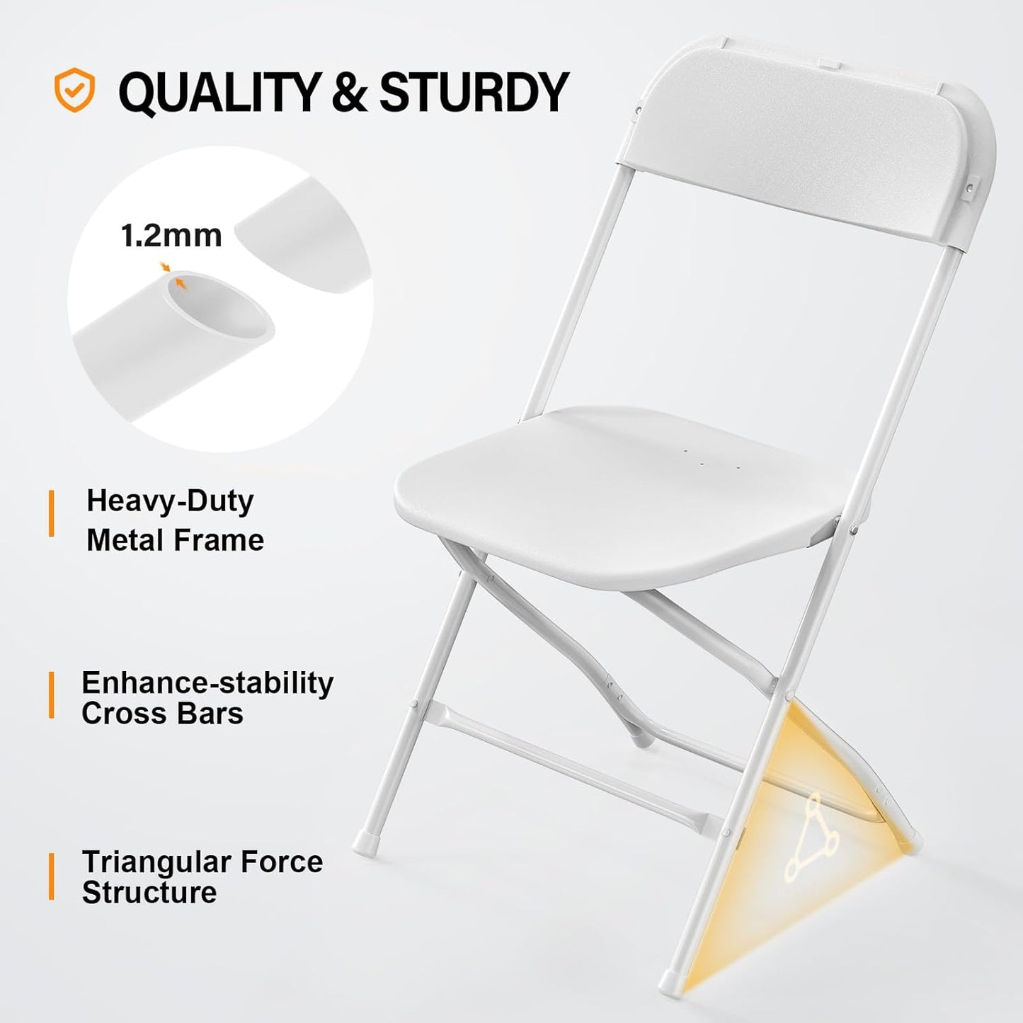 1 Pack Commercial 350lb. VINGLI White Plastic Folding Chair, Indoor Outdoor Portable Stackable Seat with Steel Frame