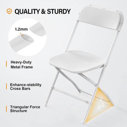 1 Pack Commercial 350lb. VINGLI White Plastic Folding Chair, Indoor Outdoor Portable Stackable Seat with Steel Frame