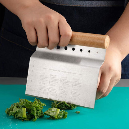Stainless Steel Pastry Scraper, Dough/Pastry/Bread Cutter with Non-Slip Wood Handle and Herb Stripper 8-hole