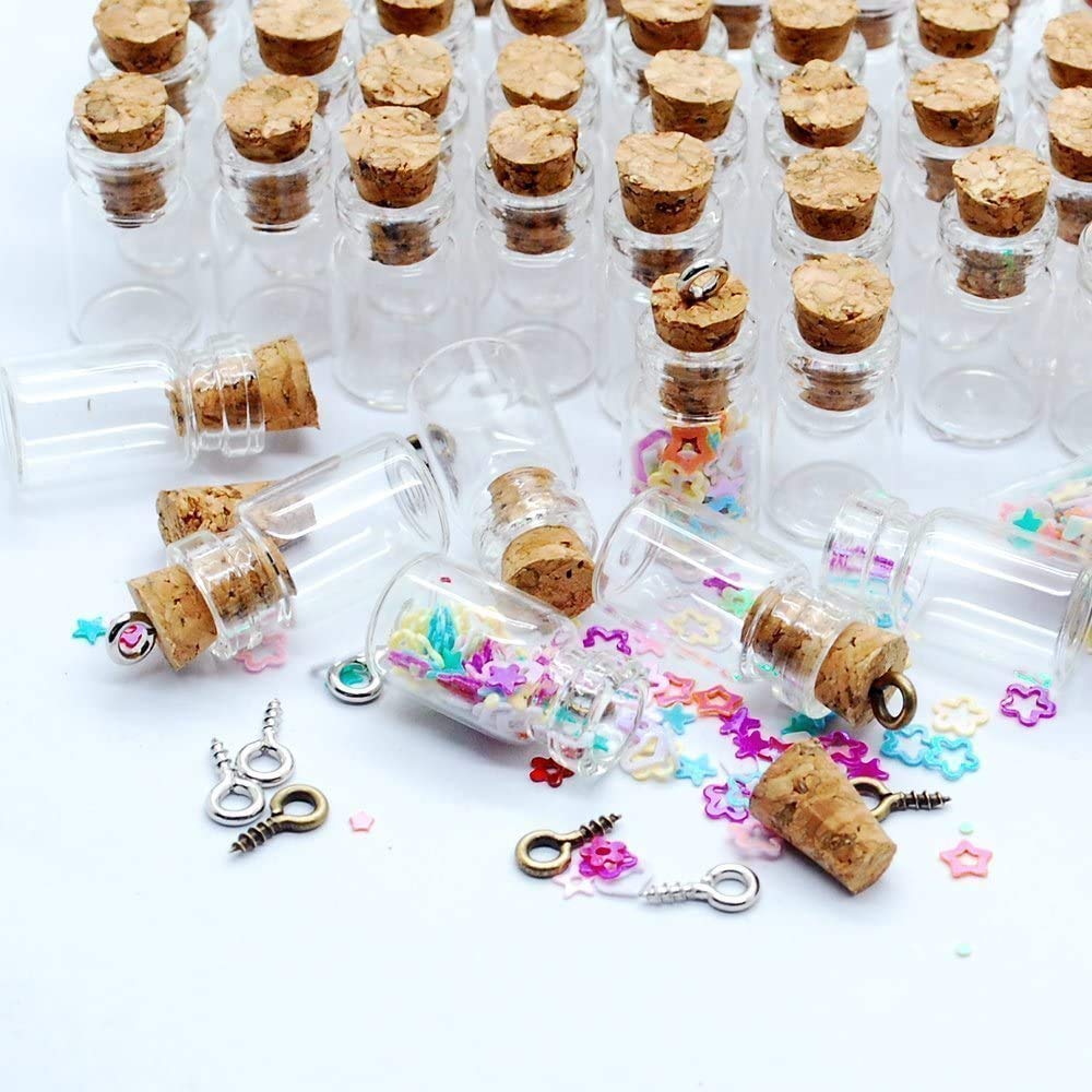 Qixivcom 120 Pcs 0.5ml Mini Cork Bottles Vials Clear Small Glass Bottles Tiny Jars with Corks Miniature Glass Bottle Charm Kit Gifts DIY Decoration Wishing Bottles Eye Screws for Pendant Arts Crafts Wedding Party Favors