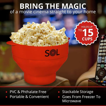 SOL Heat-Resistant Cooking Utensil Set, Microwave Silicone Popcorn Maker with Lid, BPA Free, Collapsible Bowl (Red)