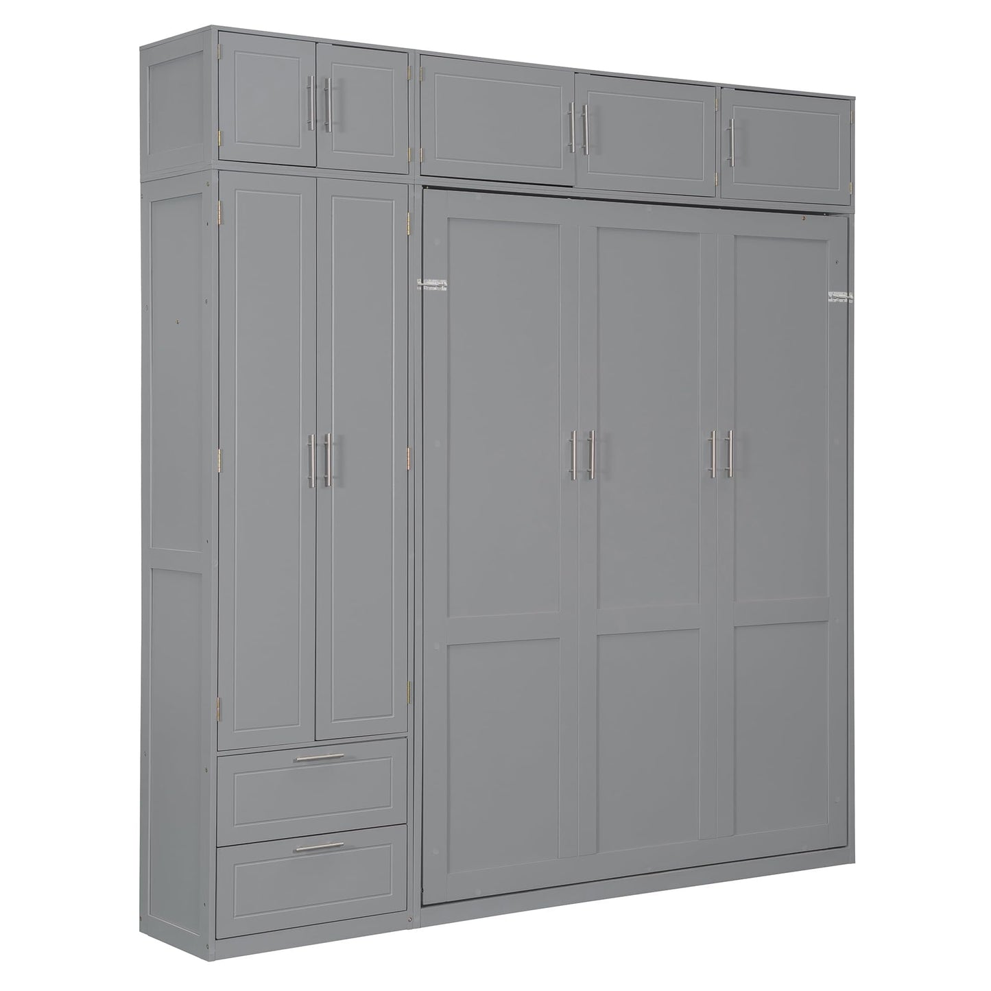 Merax Queen Size Murphy Bed with Shelves, Top Cabinet and Wardrobe, Fold into The Wall, Multifunctional Foldable Platform Bed Frame for Bedroom, Guest Room, Home Office, Space-Saving Design, Gray