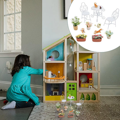 FREEBLOSS 13Pcs Dollhouse Furniture Set Miniature Patio Set with Mini Table Chairs Garden Plants Mini Squirrels Decor Doll House Furniture and Accessories Set