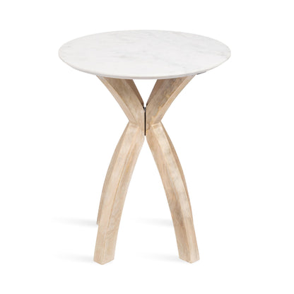 Kate and Laurel Soleyn Coastal Wood and Authentic Marble Side Table, 20 x 20 x 24, White Marble and Light Natural, Round Marble End Table for Use as Bedroom Nightstand or Living Room Accent