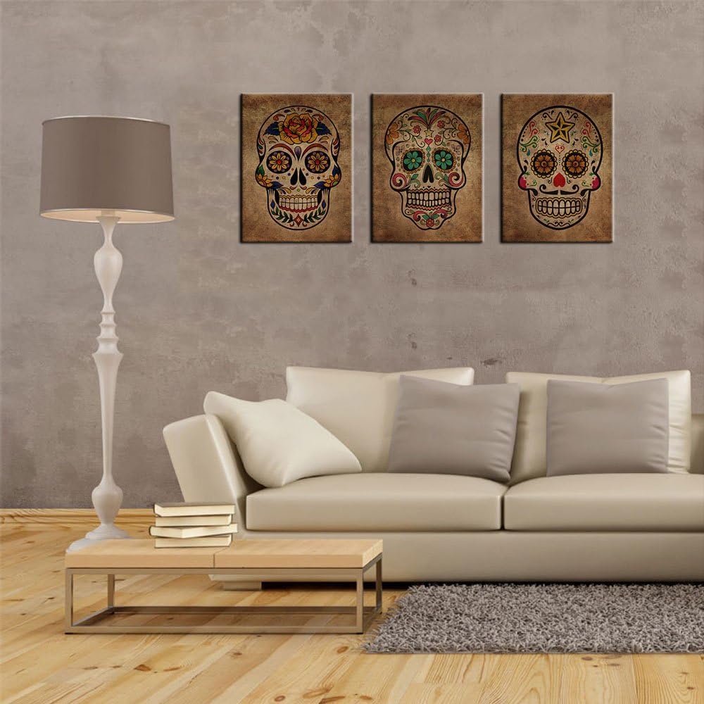 12" 16" 3 Canvas Wall Art Sugar Skull Vintage Abstract Canvas Picture Day of The Dead Contemporary Art Design Framed