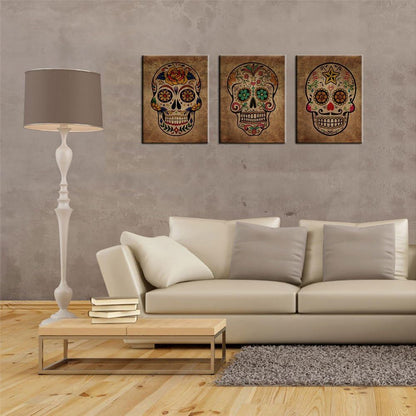 12" 16" 3 Canvas Wall Art Sugar Skull Vintage Abstract Canvas Picture Day of The Dead Contemporary Art Design Framed