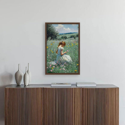 16x24 Inches Framed Girl in Wildflower Meadow Wall Art Impressionist Oil Painting Print on Canvas, Pastoral Nature