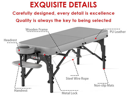 CLORIS 84" Professional Massage Table Portable Reinforced Wooden Leg 2 Folding Lightweight Spa Salon Tattoo Massage Bed Height Adjustable Hold Up to 1100LBS with Carrying Bag Grey
