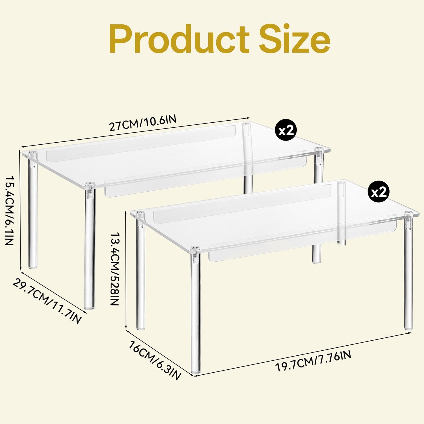 HANLANXUE 4 Pack Clear Kitchen Cabinet Organizer, Stackable Acrylic Tiered Spice Organization Display Shelf for Cabinet Shelf Desk Countertop Organizer