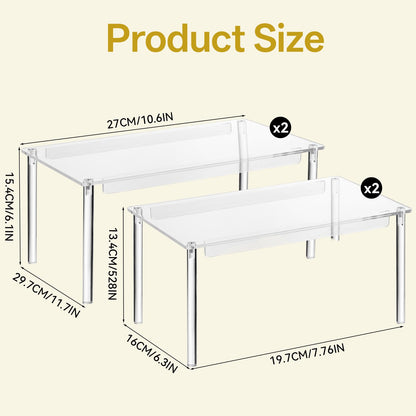 HANLANXUE 4 Pack Clear Kitchen Cabinet Organizer, Stackable Acrylic Tiered Spice Organization Display Shelf for Cabinet Shelf Desk Countertop Organizer