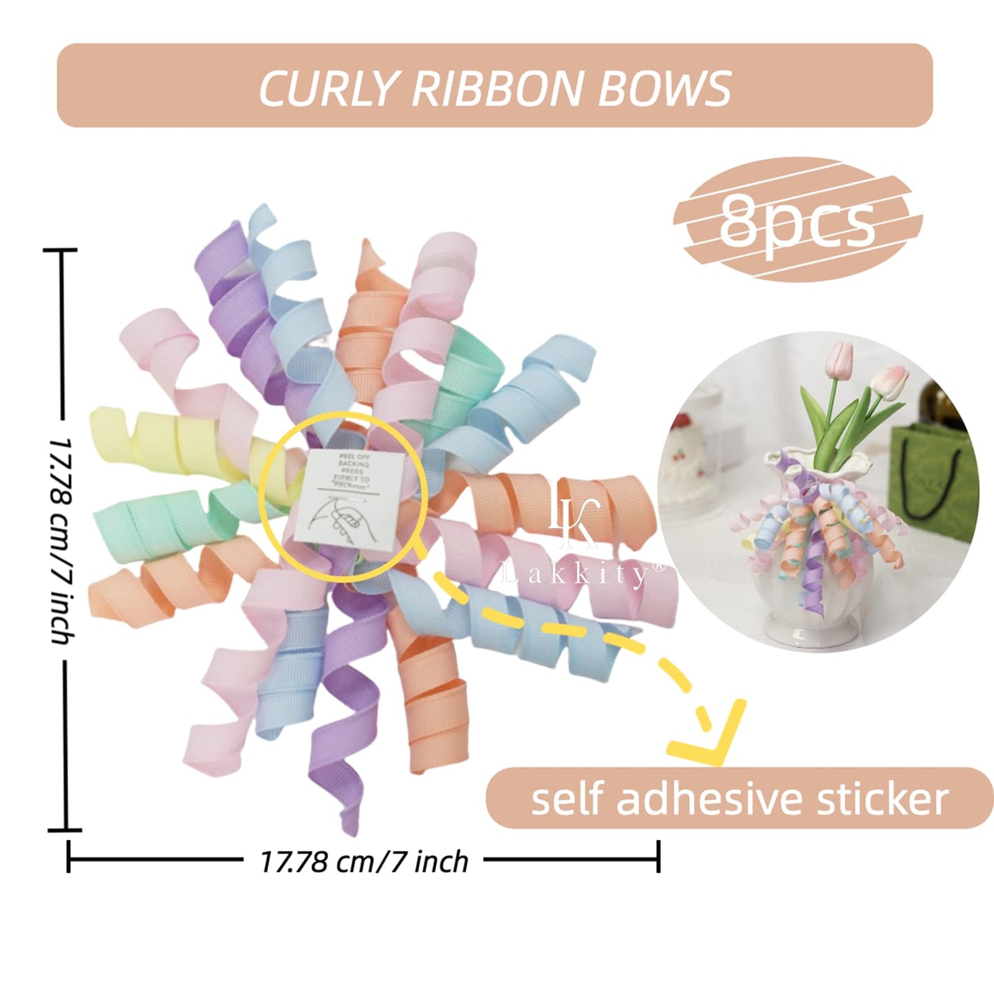Lakkity Light Rianbow Bows For Gift Wrapping,Curly Gift Bows,8PCS,7 inch Self-Adhesive Curly Ribbon Bows for Presents, Birthday, Wedding, Wrapping Accessories, Party Favors Decorations
