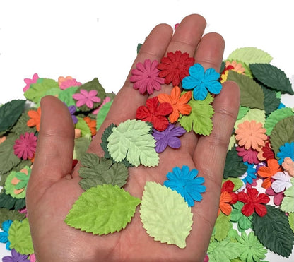 200 Pcs Handmade Mixed Mulberry Paper Flowers Petals and Leaves Scrapbooking Wedding DIY Craft Supplies Card (10 Colors Flowers/Green Tone Leaves)