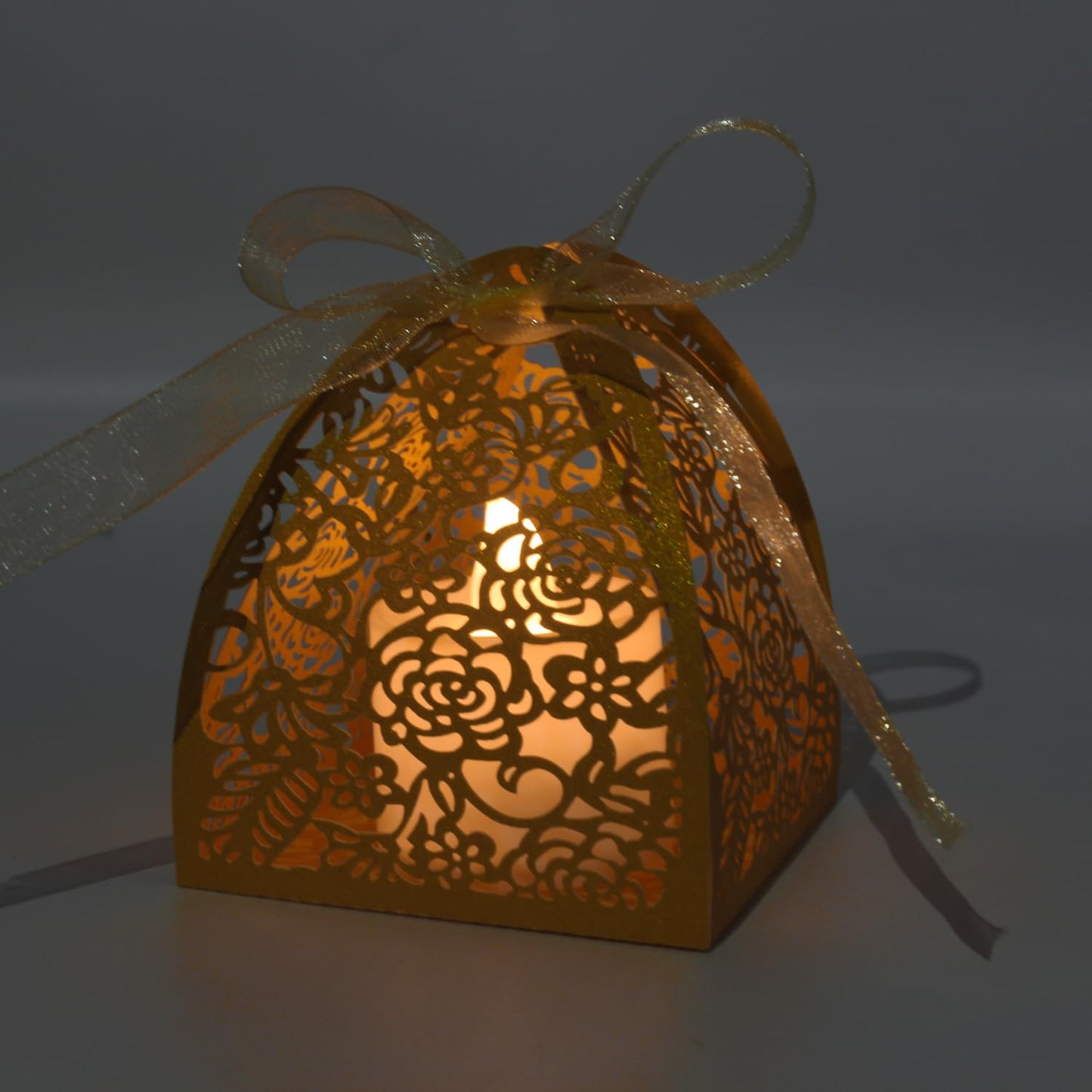 KPOSIYA Pack of 70 Laser Cut Rose Candy Boxes, Favor Boxes 2.5"x 2.5"x 3.1", Gift Boxes for Bridal Shower Anniverary Birthday Party Wedding Favor Gold (Rose box 70)