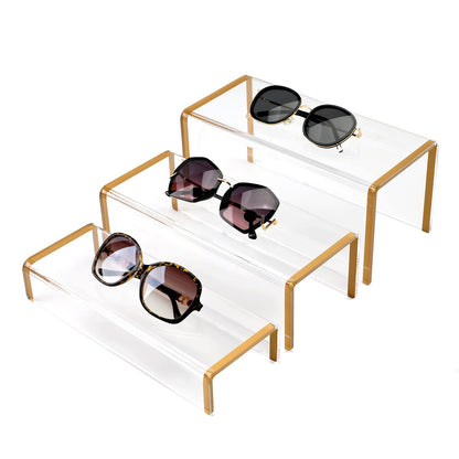 Purse Display Stand, 6mm Thick Clear Acrylic Risers Display Stands, Gold Shoe Display Riser, 3 Pack Luxury Handbag Bag Wallet Shoes Jewelry Perfume Display Showcase for Closet Retail Vendor Store