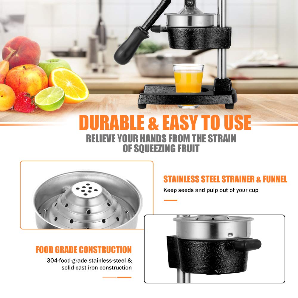 Gowintech Commercial Heavy Duty Cast Iron Hand Press Manual Orange Citrus Lemon Lime Grapefruit Pomegranate Fruit Juice Squeezer Machine with Stainless Steel Cup Black