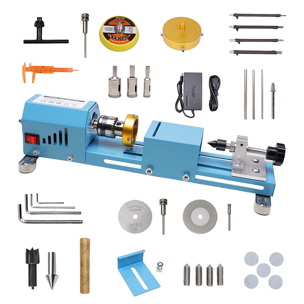 BACHIN Mini Lathe Wood Lathe Machine Multi-Purpose Type Lathe with Wood Lathe Milling Accessories, for Wood Polishing, Grinding, Cutting and Milling ，2.76 in x 6.3 in, 24VDC 96W，7 Speeds