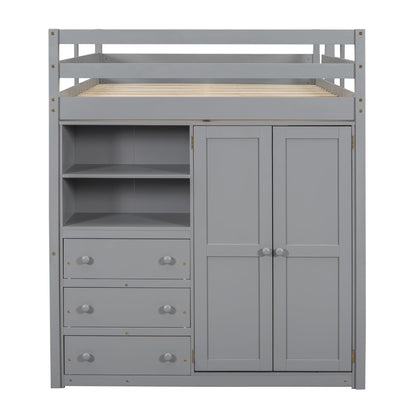 Full Size Loft Bed Frame with Built-in Wardrobe, Desk, Storage Shelves and Drawers, Wood Slat Support
