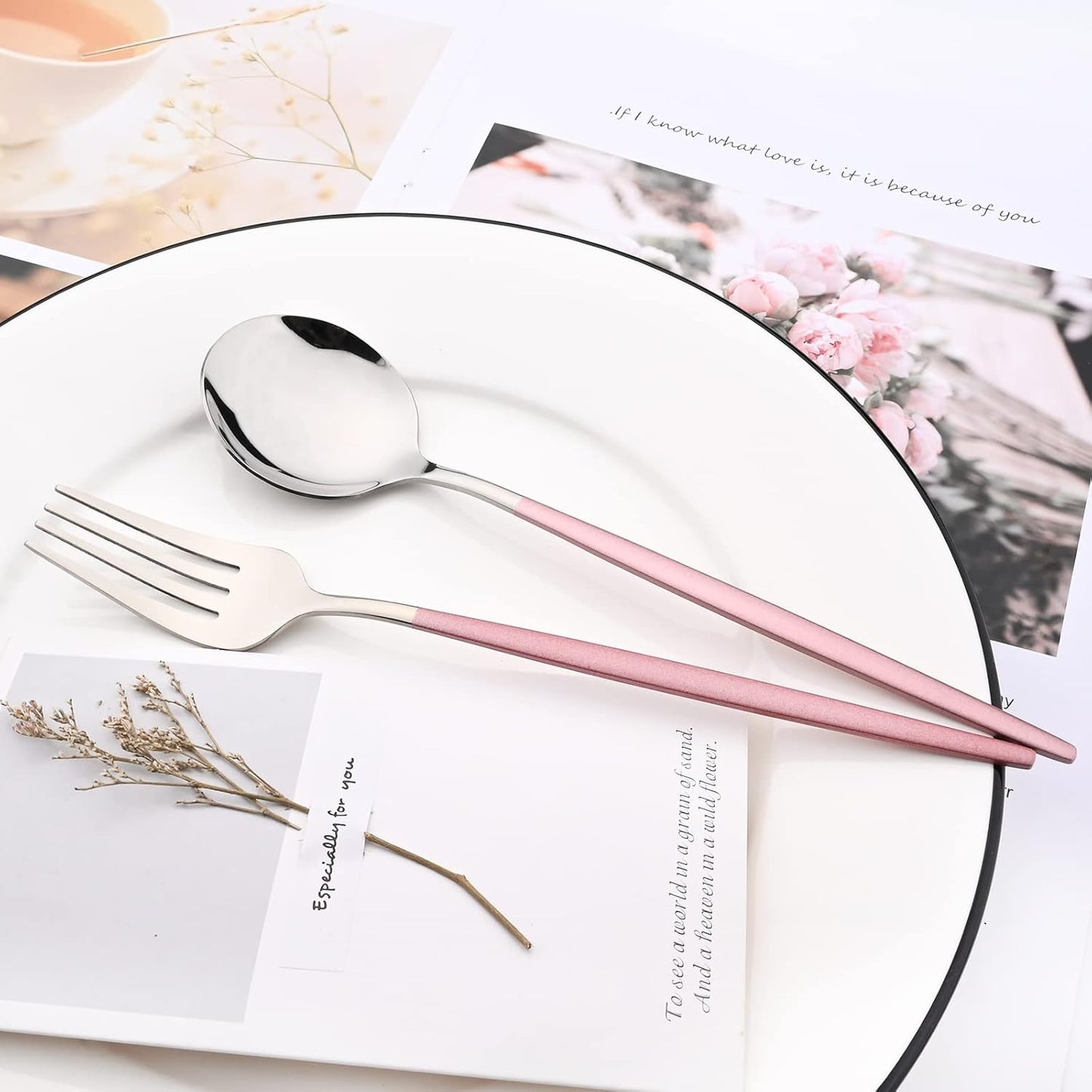 Mirror Cutlery Serving Set, 24-Piece Stainless Steel Silverware with Pink Handle, Modern Tableware for Home Party