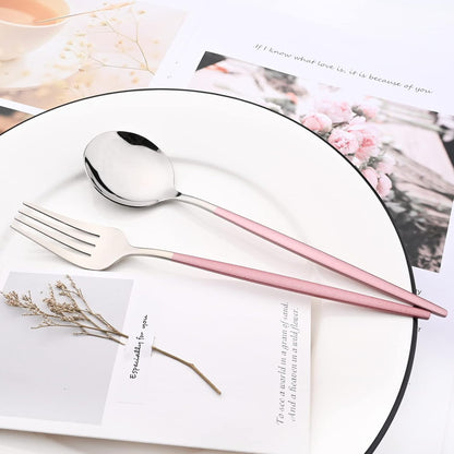 Mirror Cutlery Serving Set, 24-Piece Stainless Steel Silverware with Pink Handle, Modern Tableware for Home Party