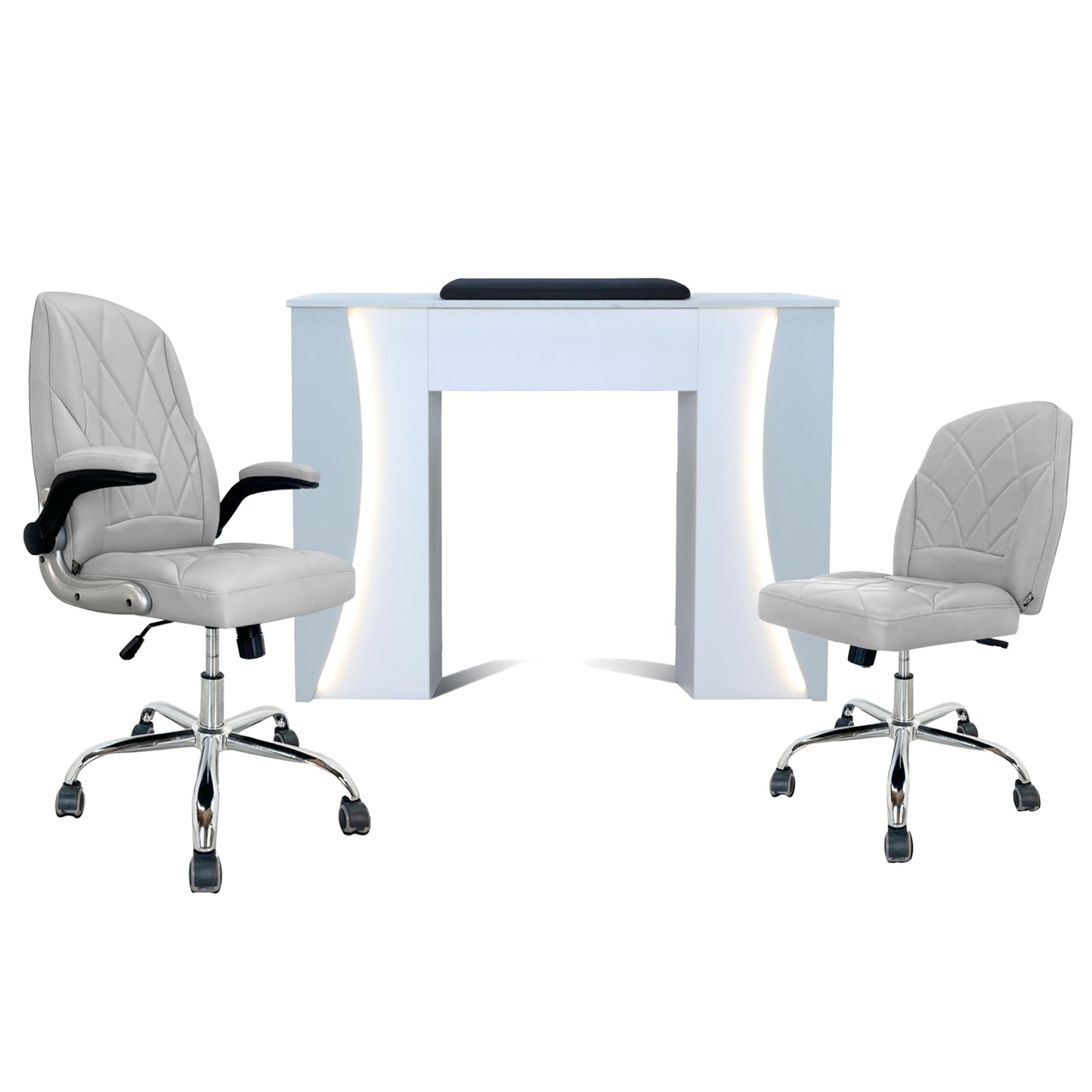 Venus Manicure Table Fan and Chair Set – Modern LED Nail Station Desk with Technician & Customer Chair, Ergonomic Design, Black & White Finish (Grey, Grey)