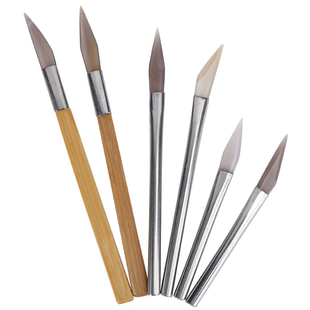 6pcs Agate Burnisher Knife Edged Agate Burnishing Tool Set Craft Polishing Tools Carving Precious Metal with Bamboo Iron Handle for Gold Platinum Jewelry Sterling Silver