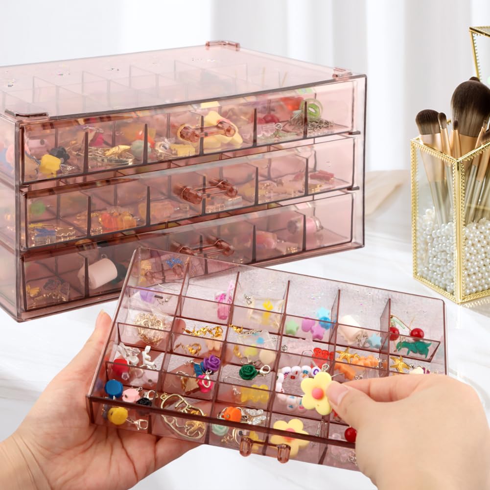Meluvora Jewelry Organizer, Earring Holder Organizer Box with 3 Layers, 72 Grids Earring Case, Craft Storage Containers for Nail Charms, Ring, Earrings(Tan)