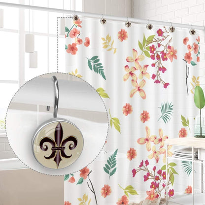 Fleur De Lis New Orleans Flower Crystal Glass Shower Curtain Hooks, Decorative Bathroom Decor - Set of 12