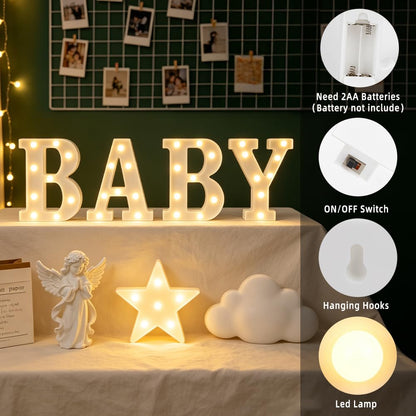 CDIXlmuz Baby Shower Marquee Letters - 4Pcs 8.6in Light Up Sign for Gender Reveal, Birthday, Nursery Home Table Decorations - Battery Operated Plastic Led Lights with On/Off Switch (White)
