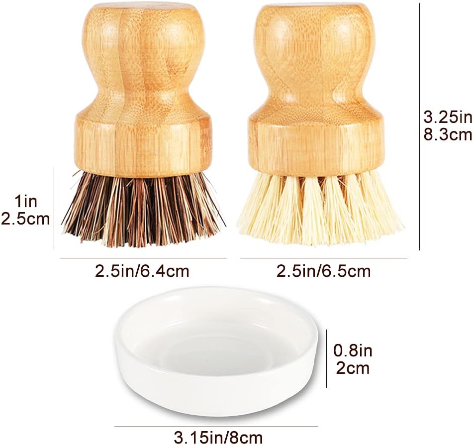 Bamboo Dish Brush with Ceramic Dish, Natural Bristle Palm Brush Pot Scrubber for Kitchen Sink, Cast Iron Pans - 2 Pack